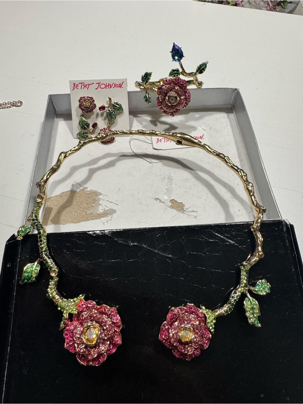 Betsey Johnson Pink and Green Rose Necklace with Matching Earrings and Bracelet